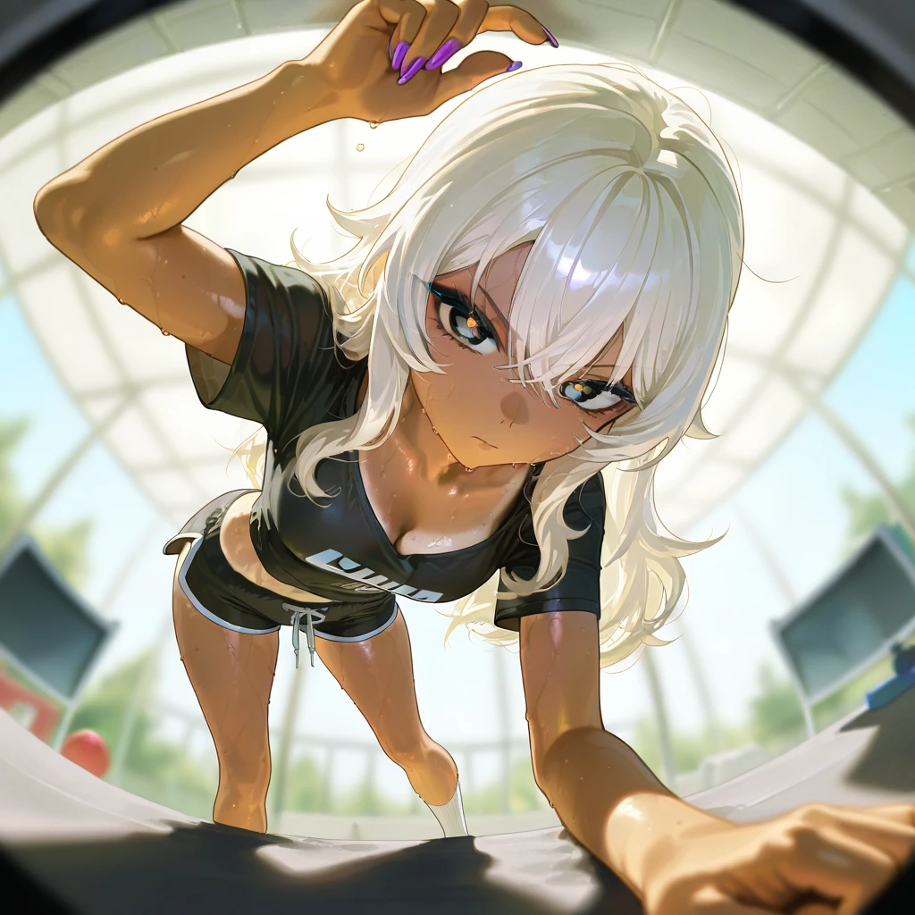 1 girl, Super heroi, skintight, highleg skintight, naked legs, booties, standing, focus only, tight belt, hands on hips, full body shot shot, mature lady, city scenery, sleeveless, ultra high resolution, absurderes, beautiful face, detailedeyes, symmetrical eyes, {{only five fingers}}, Woman 30 years old white hair (Margot Robie pov) on all fours in the water of a puddle looking at the spectator, and a woods, short and modern hair, skin wet, wear white lingerie, nice ass, (extreme detailed face), facing the front, 8k resolution, super verbose, high qualiy, cyber punk city scenarium, lip filler, sensual lips, large lips, unbuttoned cyber punk white jacket, black cybernetic bodysuit, comely, breasts small, blue eye, neon lights, cyber punk, small ass, contra-luz, skin wet, cyber punk girl, crystal clear eyes