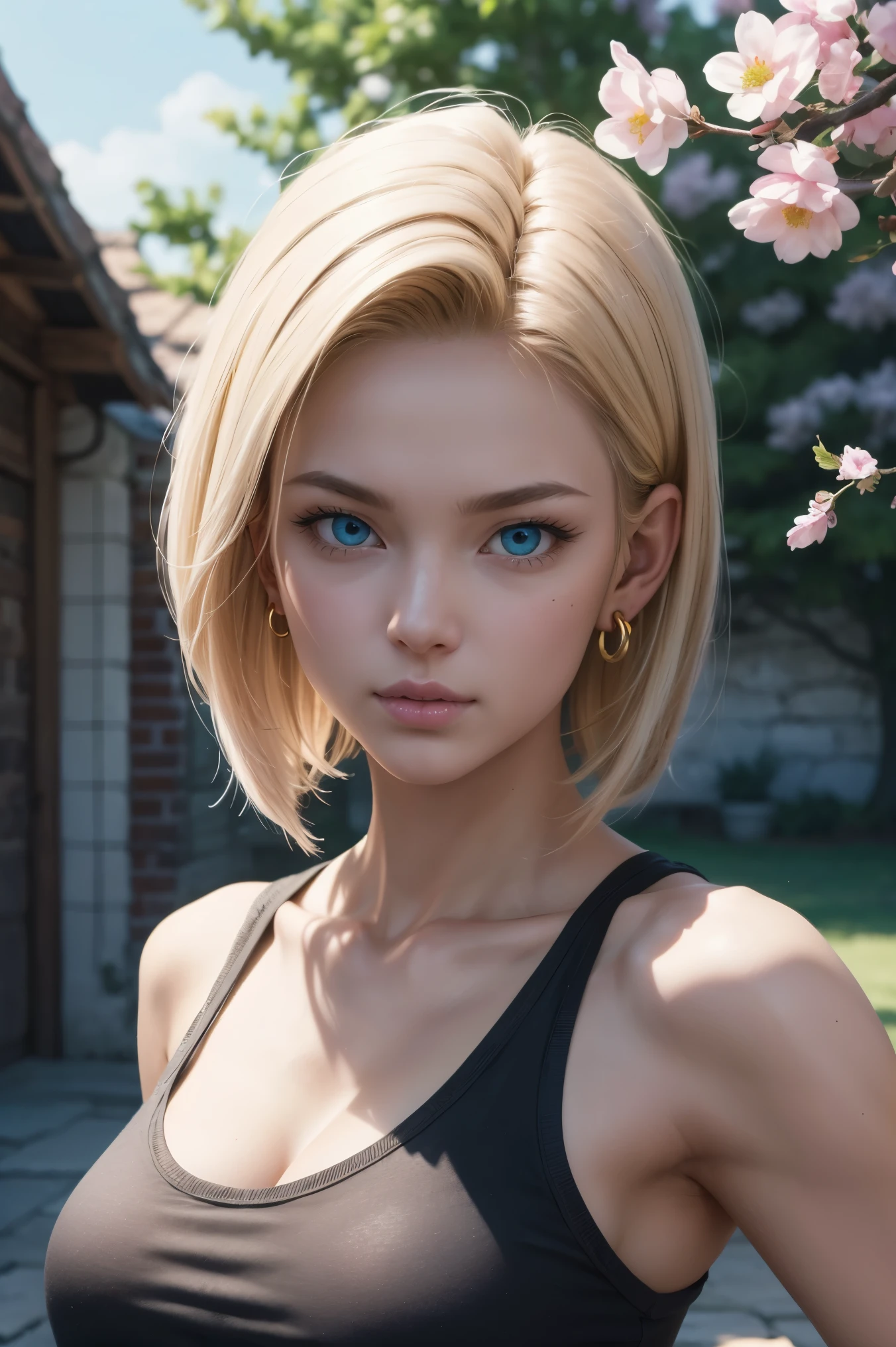 No.18,Dragon Ball Z,Dragon Ball Super,One-length hair,beautiful white blond hair,shortcuts, beautiful blue eyes ,PINK LIPS,white skin,black sleeveless,ultra-high image quality of processing,super quality,masterpiece,DSLR,photorealistic, Detailed Details,Vivid details,depicted in detail,Detailed face, Detailed Details,Super Details,Realistic Skin Texture, colorful candy room ,perfect anatomy,anatomically correct hands,anatomically correct fingers,complicated 3d rendering,big breasts,Gold ring earrings,nature,Beautiful spring scenery,Mysterious spring scenery,Beautiful Dusk,Hair fluttering in the breeze,Beautiful like a painting,takes pictures of Hirose's whole body,9 heads,