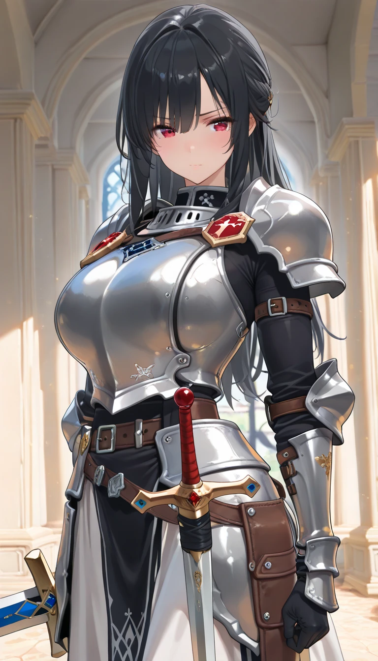 (slanted eye),(Best Quality, 4K, 8K, hight resolution, masutepiece:1.2), Ultra-detailed, (Realistic, Photorealistic, Photorealsitic:1.37), Mature Woman, Adult Woman, notre dame, Dark fantasy landscape,masutepiece, Highest Quality, Ultra-fine,max resolution, Extremely detailed, ((Woman knight, Clean Armor)),shining beautiful skin,Huge breasts, Blushing,Seductive thighs,a miniskirt,White panthies,Looking up from below,Strong wind is blowing
