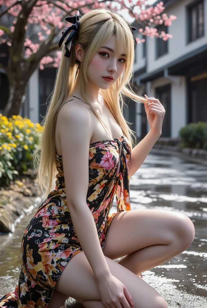 “A beautiful woman with cat ears, long blonde hair, and red eyes. She has a tear mole under her left eye, no human ears, red eye shadow, and light red blush. She is wearing a traditional Japanese yukata with a yellow obi and red thong geta sandals. The image should be highly detailed, 8K resolution, with cinematic lighting and a twilight sky, capturing intricate textures.”