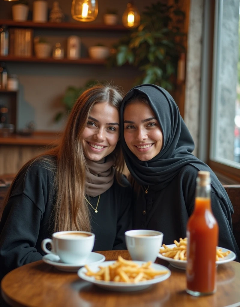 Create hd poster Te amo Cafe with background arabic ladies drinking cupouccino write in the cup Te amo