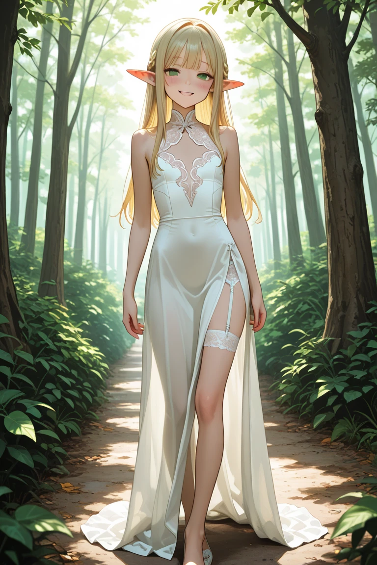 Blonde pointy-eared young elf，White one-piece dress，cleavage，，barefoot，Standing，forest