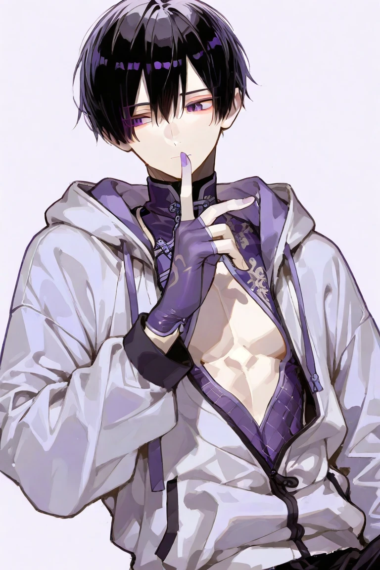 boy. thoughtful look. open forehead. black and purple hair tied in a bun on the left side to one side. sinuous black horns wrapped in dark purple ribbon. pale violet eyes. in short dark purple shorts. long white T-shirt. dark purple knee-high socks. dark_purple long coat with hood. древние dark_purple stone walls purple light from lamps on an old piano