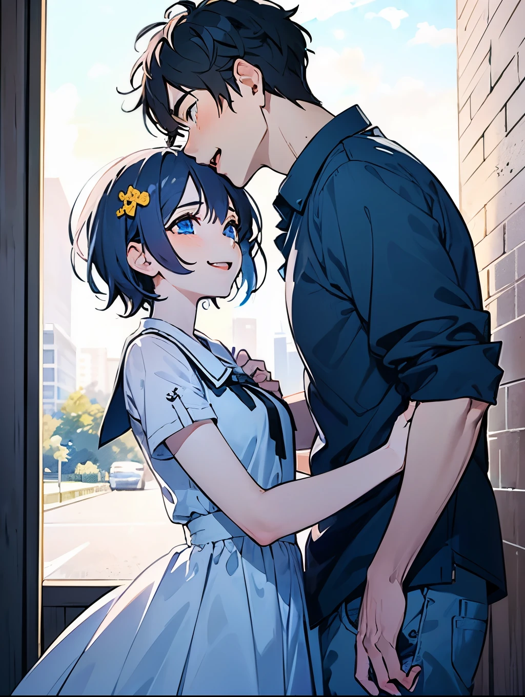 ((boy&Girl :1.5)),(( calm adult men:1.0)), black hair, tea hair, blue eyes, red eyes,((NSFW:0.65)),(1 men&Girl:1.0),(Yaoi:1.2),((hold each other's shoulders:1.25)),((A calm adult man who grabs his arm and pulls him in :1.0)),(looking viewer:1.0),Grinning face,((approx:1.0),(( flirtatious:0.8)),男女、メイド服、princess carry