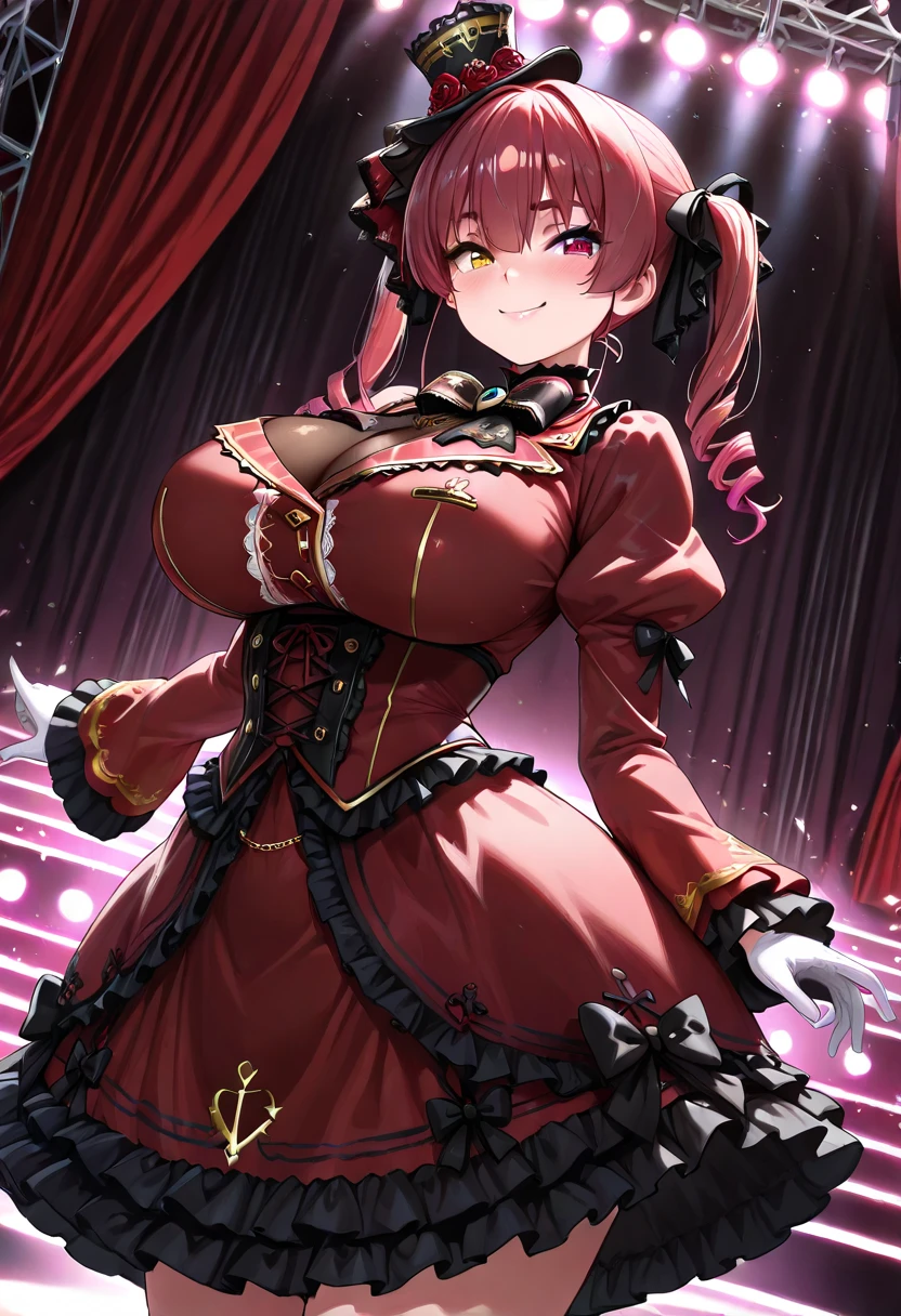((In Kyoto Animation Style)), super precision, masterpiece, very extremely beautiful, Princess Face, ((1 girl), ((Solo:1.5)), Big eyes, Pink hair, Mega Twin Tails, Big hair, Long hair, Very long hair, badly twisted hair, ((Super small breasts:1.5)), ((flat chest:1.5)), Faint lips, Professional Lighting, (18year old), Narrow waist, Shiny skin, Oiled skin, glistning skin, Looking at Viewer, Cowboy Shot, Dynamic Pose, GothGal, Wearing a goth gal costume, ((Dress:1.5)), bow ribbon, ((frilld)), ((Black Maid_Cap)), ((holding a large candle in each hand:1.5)), ((Stone room:1.5)), inside in room, Slightly open mouth, (Smirk), Latex, From below, A sexy,