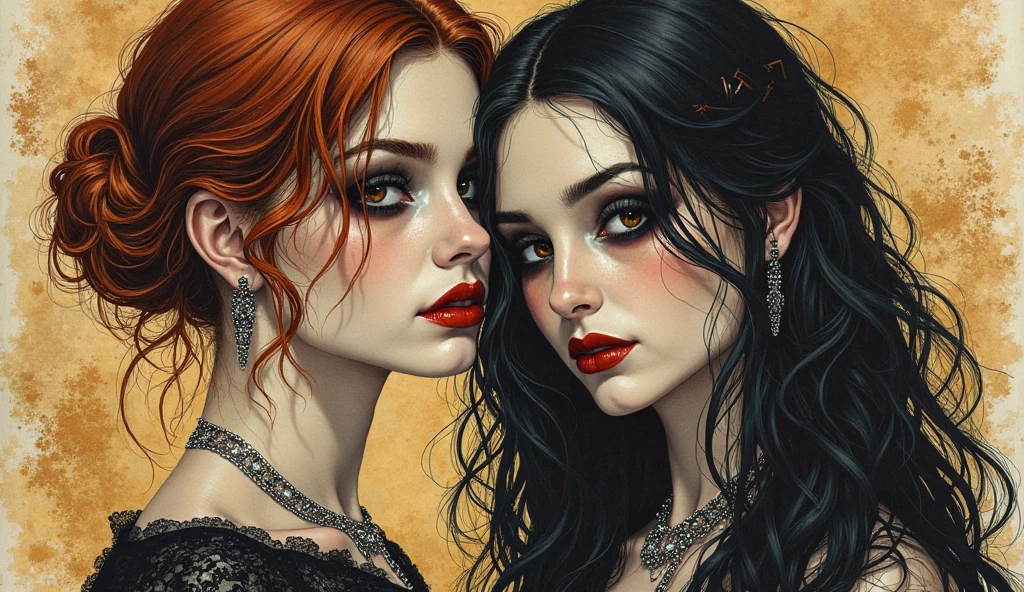 Tattoo of witch sisters, one black-haired and one sexy red-haired