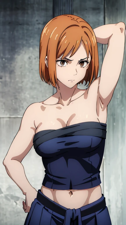 (masterpiece), (best quality), (ultra-detailed), (best illustration), (best shadow), (absurdres), nobarakugisakinova, short hair, orange hair, ((brown eyes)), kugisaki nobara, 1girl, solo, bangs, looking at viewer, upper body, ((blue dress)), ((cleavage)), ballroom background, perfect body, ((perfect breasts)), Hourglass body, thin waist, very thin waist, large breasts, sexy, (skinny), bare shoulders, bare collarbone, smile, (bare neck),