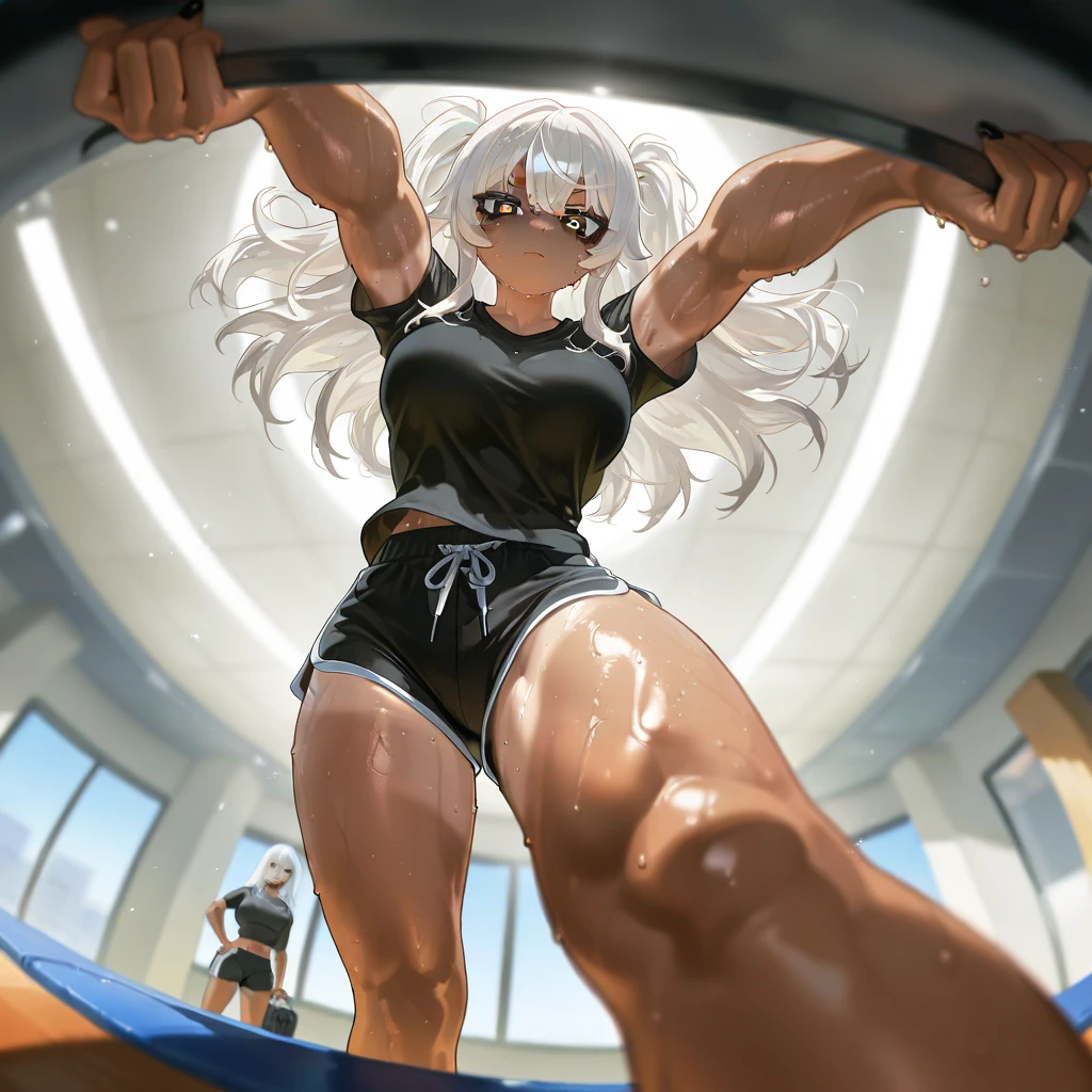 anime style girl 1,70 long light gray hair gray skin shark teeth and gray eyes and light gray pupils very thick and strong legs but no breasts doing squats with an Olympic bar in the gym seen from behind while smiling widely like crazy while wearing a tight gray lycra jacket black color