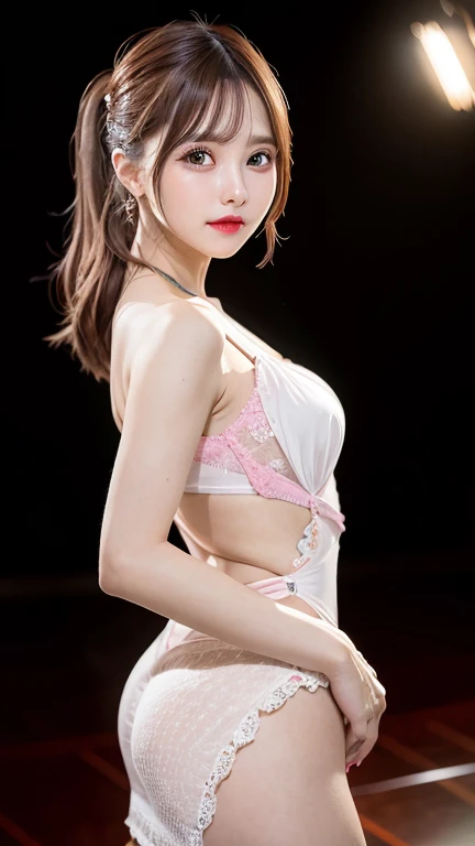 ((masterpiece: 1.4, best quality))+,(ultra detail)+, official art, unity 8k wallpaper, ultra detail, beautiful, high quality, Highlight your cute face,  masterpiece, best quality, semi straight medium length hair, Bangs up to the eyebrows, (((that&#39;It&#39;s in an outdoor pro wrestling ring set up on the beach...))), (Very light pink rose flower lace lingerie thong:1.5)), (((bust:1.5))), High exposure,  skinny body,masterpiece, high quality, 8 thousand, bright sunlight, no. No. 1 girl group idol in Korea, ((vivid:1.5)), ((brown eyes, blonde hair:1.3)), (Small and round breasts:1.2), ((colorful earrings, white neck choker, white short lace gloves)), 18 years old, small face, looking at viewer, (hairpin with larger ribbon:1.4),(skinny abs:1.1), (They look at each other and look very happy, Smooth and shiny skin :1.5), ((Both cheeks turn red)), Accurately distinguish between the bodies and limbs of two people:1.5,(Exposure of the back of the buttocks:1.5)