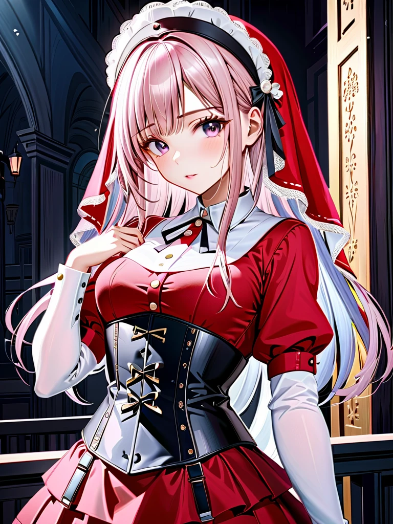 1girl, 18 years old, long pink hair, red eyes, holding a glass of wine, red dress, princess death, silver scythe on the back