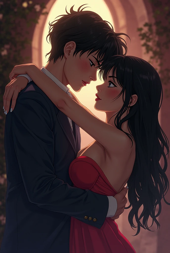1girl, with boyfriend, kissing boyfriend, breasts, jewelry, ponytail, ring, watch, curtains, long_hair, cleavage, mole, black_hair, wristwatch, striped, necklace, indoors, mole_on_breast, parted_lips, bracelet, kneeling, shoes, lips, medium_breasts, dress, realistic, window, striped_dress