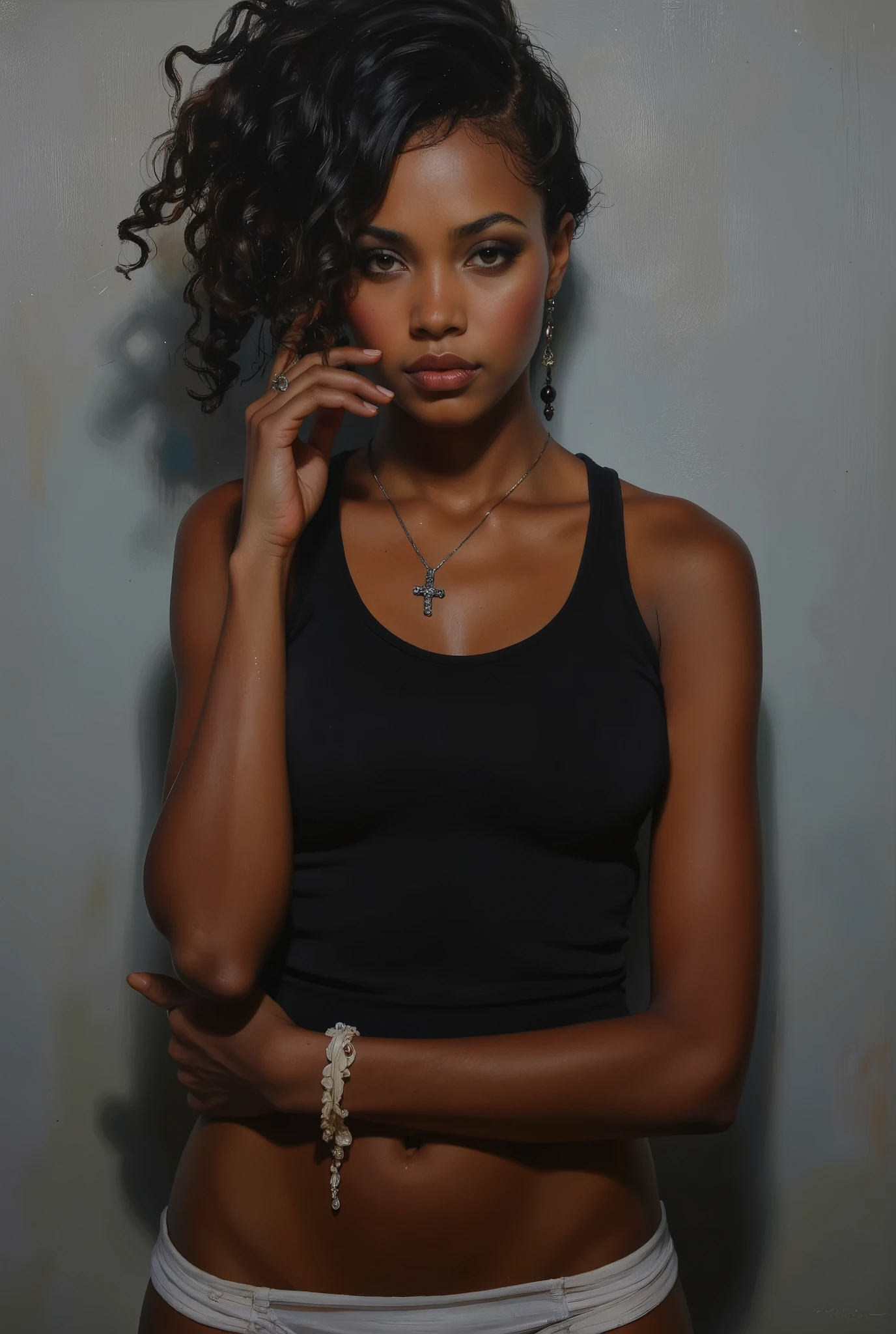 Strict african woman. Her dark, haunting eyes are framed by black eyeshadow and eyeliner. Her lips, painted in deep crimson, make her cruel and dangerous, as if she knows secrets that could shatter worlds. Black female wearing tight tank top, white cotton underwear, earings, cross pendant. She looks at the viewer, there is an undeniable intensity in her expression—a silent promise of inevitable punishement.