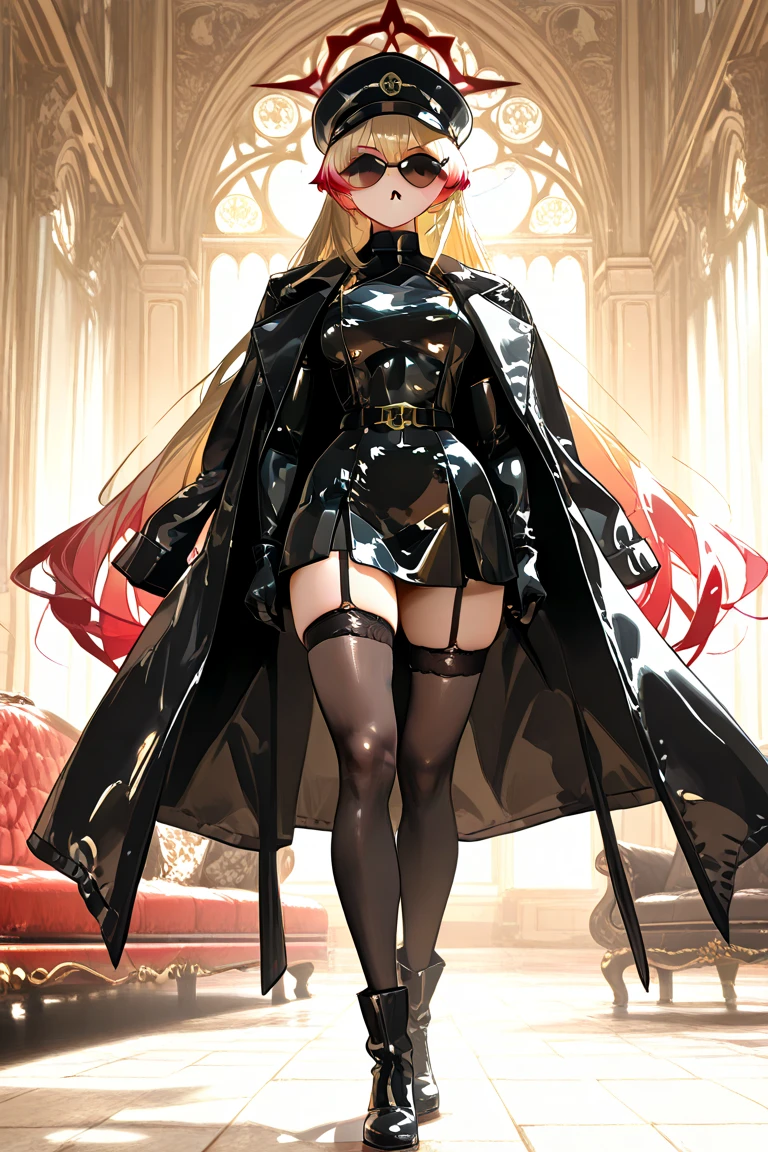 (solo, standing), (full body:1.3), (angry face, dominatrix:1.2), black horns, blonde hair, purple pupils, long hair, (hand on hip :1.3), lifting one leg, woman looking down, (from below, worm's eye view, low angle pov, looking up pov:1.2), (big breasts, mature female:1.3), (Gorgeous Beauty, perfect face, perfect female body), (intricate detail, delicate pattern:1.2), detailed bright pupils, divine queen, jewelry, (black long dress:1.3), (detailed cloth texture), elegrant  dress, black corset,(long black gloves:1.2), (full-finger gloves), (black and red cape), garter belt, black high thigh, (black long high-heel boots:1.3), (over-knee boots:1.2), (best aesthetic, newest, best quality, masterpiece, extremely detailed:1.2), (anime,anime style:1.5), indoors, black floor, black ceiling, (red walls:1.2)