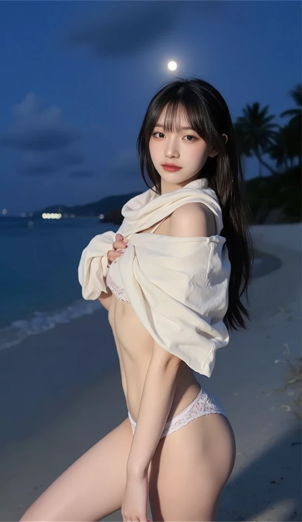 1 woman, beach Background, (Highly detailed body, very detailed face, top quality:1.4), (22 year old woman), looking at viewer, I can't see her hands, (messy hair, hair over one eye, very long layered hair:1.2), (Her thighs are very beautiful:1.3), (8 thousand:1.5), (wearing a long black coat:1.3), (skin glow:1.3), (medium breasts:1.3), The Most Beautiful Women, Beautiful cotton panties with ribbons,