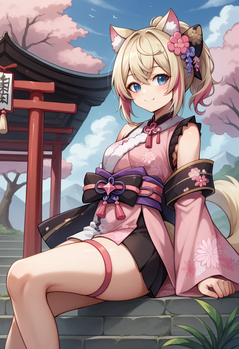 Anime Girls、Bare shoulders、Blonde、architecture、black eye、cherry blossoms、geta、東アジアのarchitecture、fan、flower、cloud、hair ornaments、flower柄、fan、Fox Mimi、White panties、Short kimono、