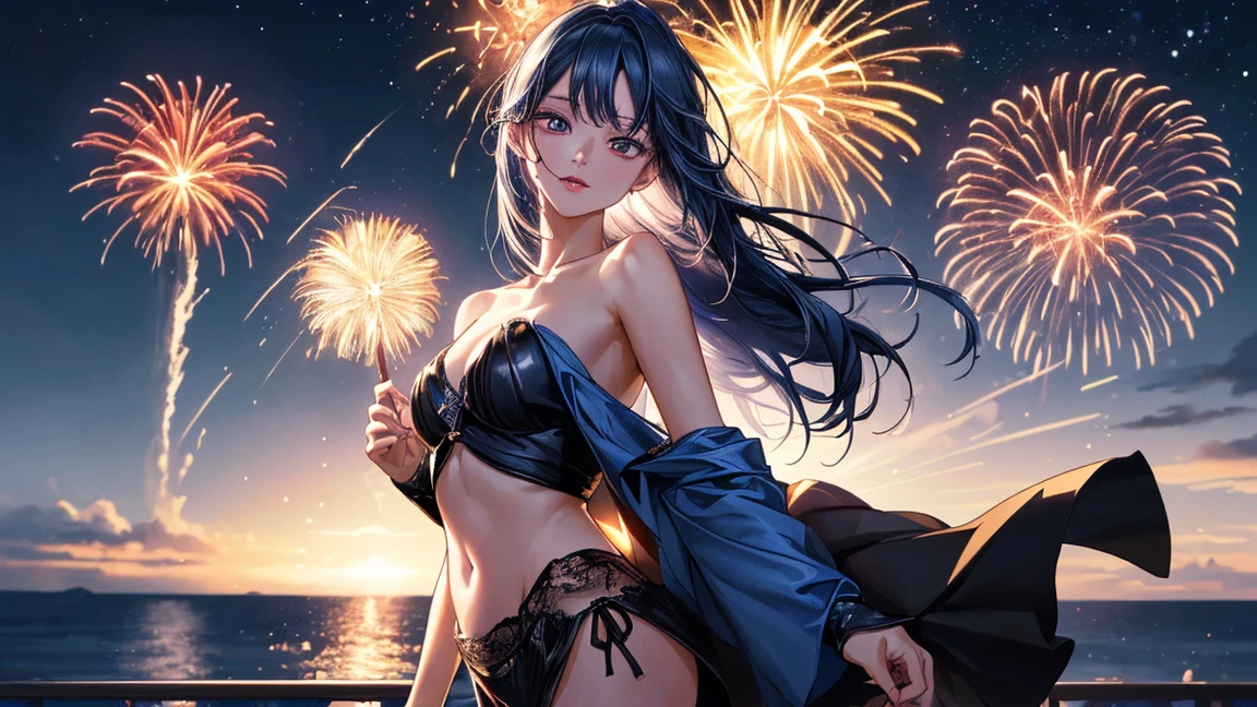 Vast night sky pictures,((Top quality:1.4),(Unparalleled masterpiece),Night Sky: 1.4,(Fireworks: 1.4, Aerial Fireworks: 1.4), highly detailed 8k CG unit,,Bokeh,Depth of field,, Beach, Sea, Volumetric Lighting,(Dynamic Composition: 1.4),Bikini girl standing on the beach, character 0.3, Very detailed, Colorful details, (Iridescent: 1.2), (glow illumination, atmosphere lighting), dreamy, magical, (solo: 1.2),