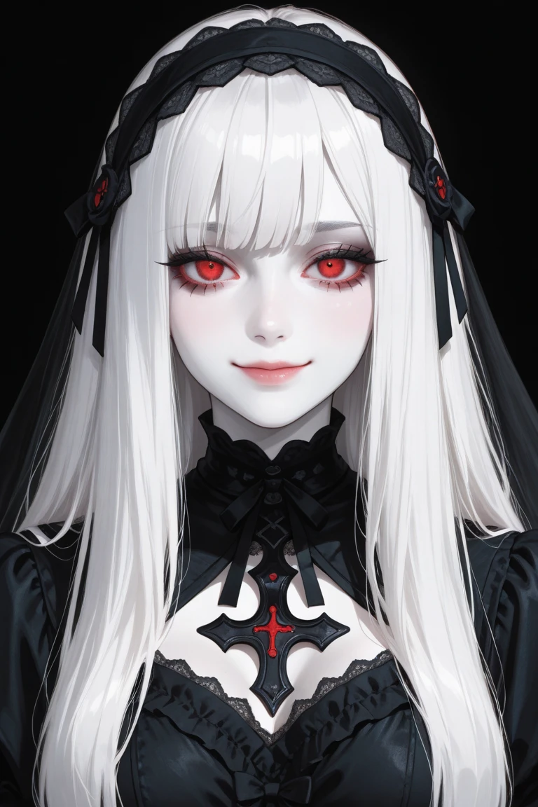 (masterpiece, Top quality, 8K, best quality, Official Art, beautiful and aesthetic:1.2), Closed churches, Sisters Robe, ,Description of the Nun, Fear, Gothic, Black and white with red accents, Red lips, 수녀뒤에 서있는 검은 devil 형상, devil, The exorcist
