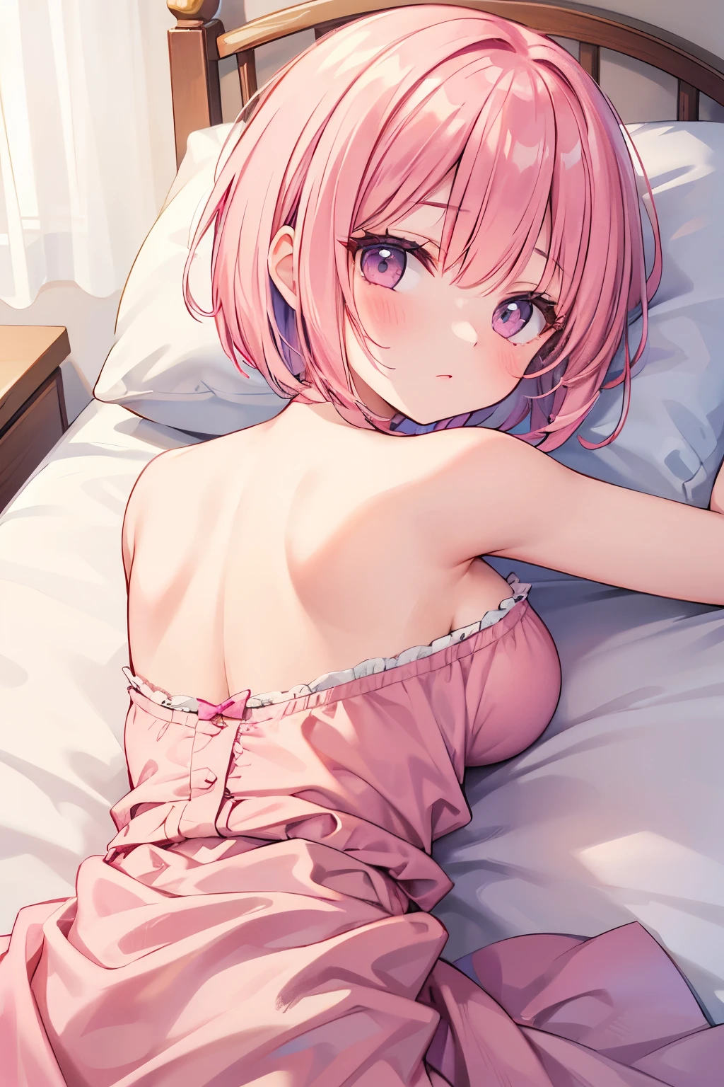 In a cozy dorm room bathed in the warm hues of sunset, a cute girl with grey ponytail hair sits on the bed. She wears a white slip dress that delicately caresses her figure, its transparency subtly revealing her nipples that protrude beneath. Crossing her legs, she looks away in a shy and embarrassed manner, her blushing cheeks betraying her innocence. The upper view of her body shows the intricate details of her anime-style, full-colored face with bold ink lines and triadic colors, embodying the shonen genre's purity and lovely charm. In this full shot, she seems to be engrossed in the
