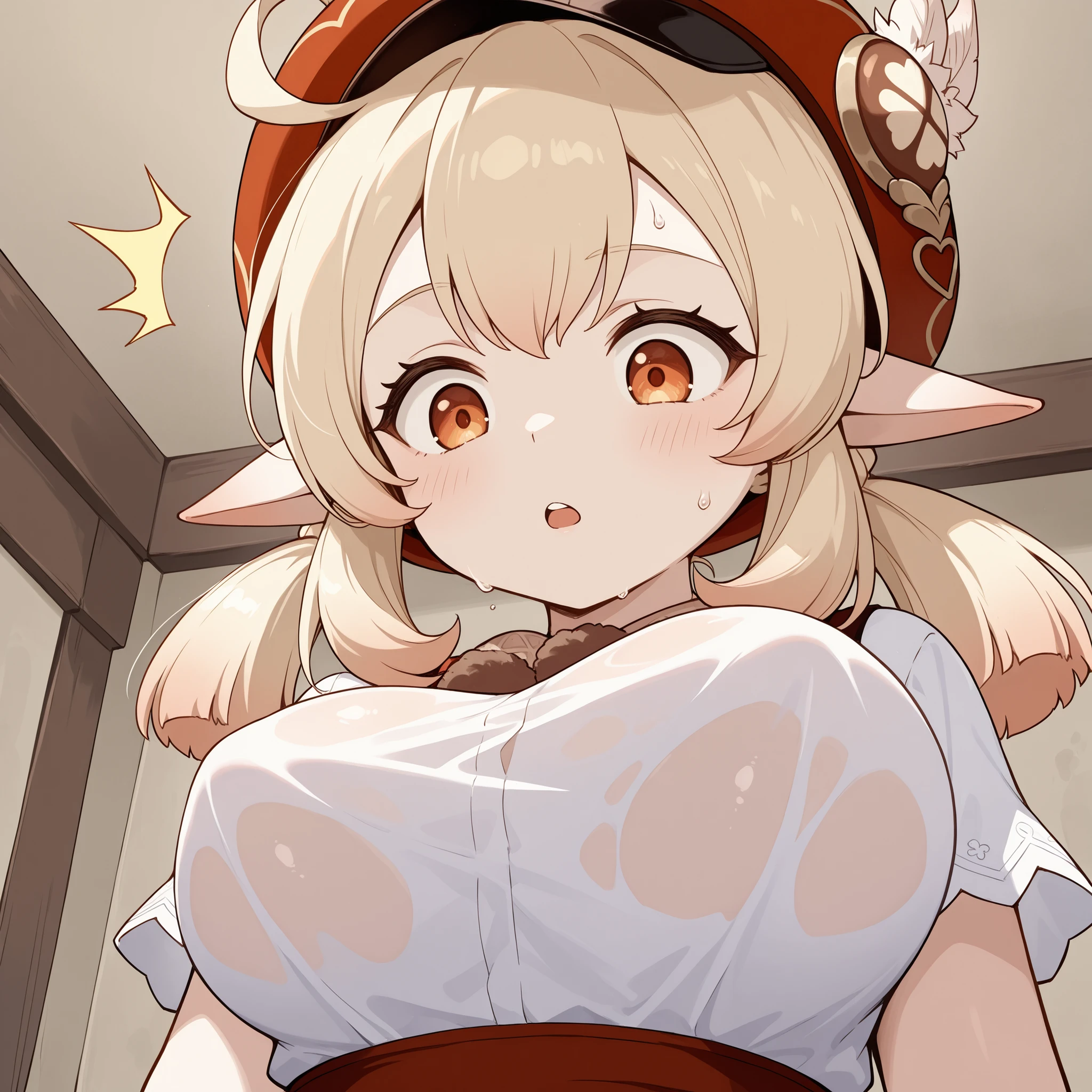 (wearing nothing:1.5), large breasts, ,Slicing meat, , 1girl, , twin tails, green eyes, , short hair, church, elf, blonde hair,, bedroom, blue sky, Nipples