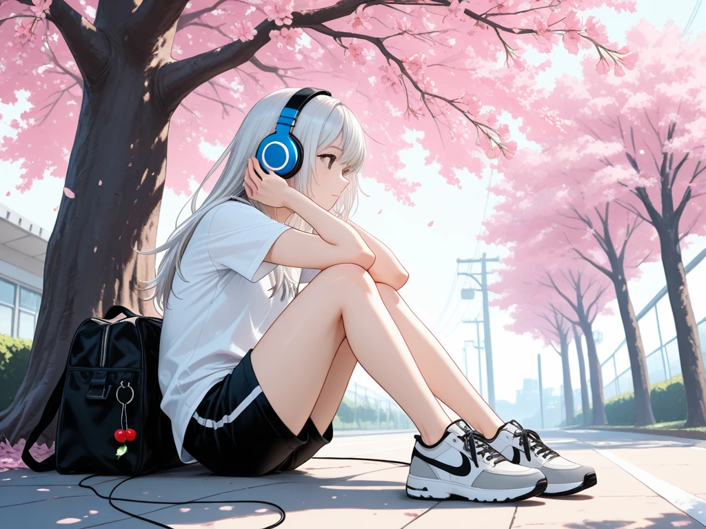 ghibli style girl、sitting and listening to music、Wearing headphones、