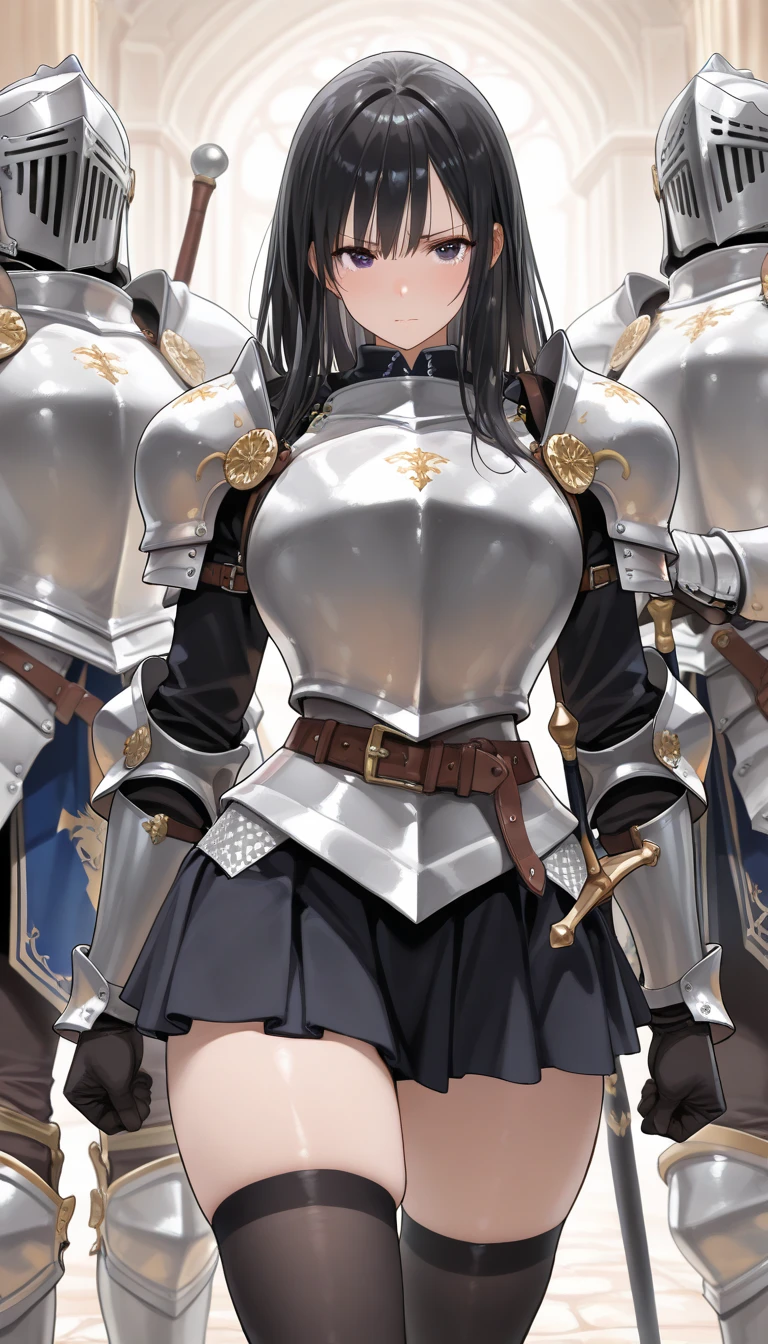 female knight　armor　tiara　Black Hair　Shortcuts　Torn white miniskirt　Torn white tights　battlefield　In combat　Holding back tears　White panties　Sisters