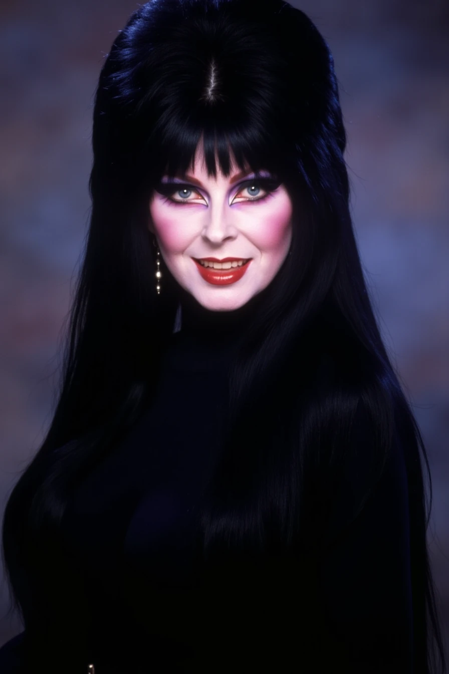 Produce a portrait of Elvira with a vintage film grain effect, capturing the essence of classic Hollywood photography. Ultra Realistic photo, vibrant colors, 16k