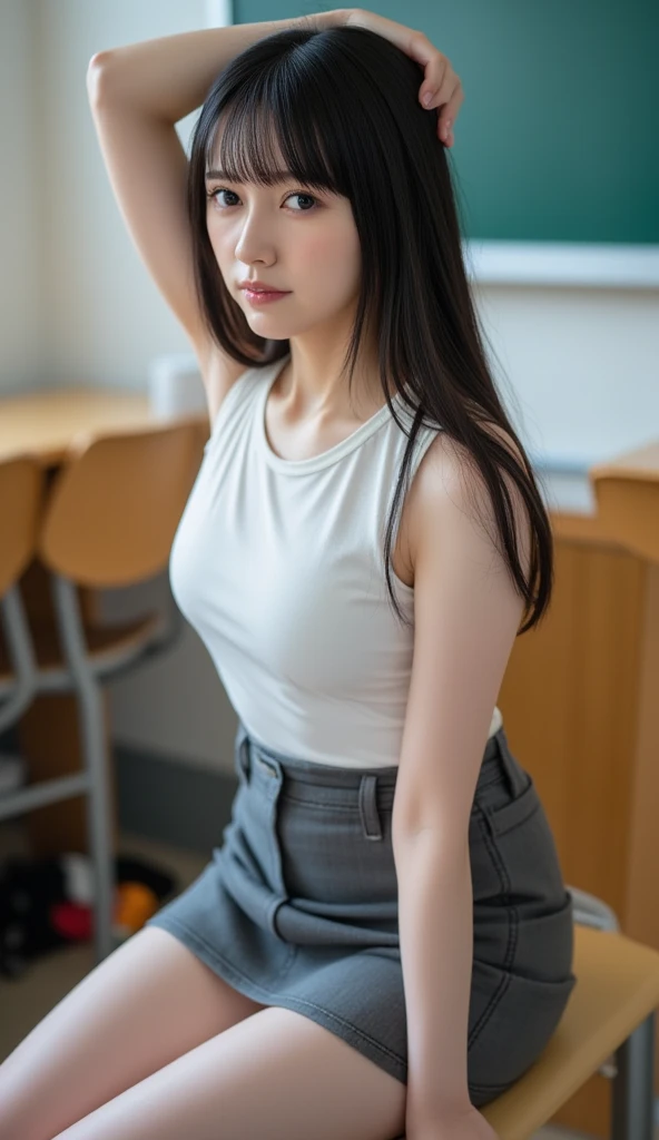 (Best quality, 8k, 32k, Masterpiece, UHD:1.2), Photo of Pretty Japanese woman, female teacher, 24-year-old, slender, (((small breasts))), chignon brown hair, full body shot, face focus, oversized white shirt, tight black skirt, in classroom, from above, looking at viewer, blushing face