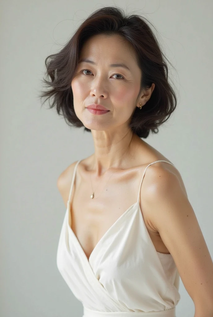 Sharpen, gravure, Upper body close-up, masutepiece, Best Quality, Ultra-detailed, Photorealistic, super detailed skin, Natural hair color, Perfect Anatomy, (1 japanese mature woman), (Solo), 45 yers old, bra very, Large breasts, Mature Actress, glamor, A sexy, Chromo-white skin, Looking at Viewer