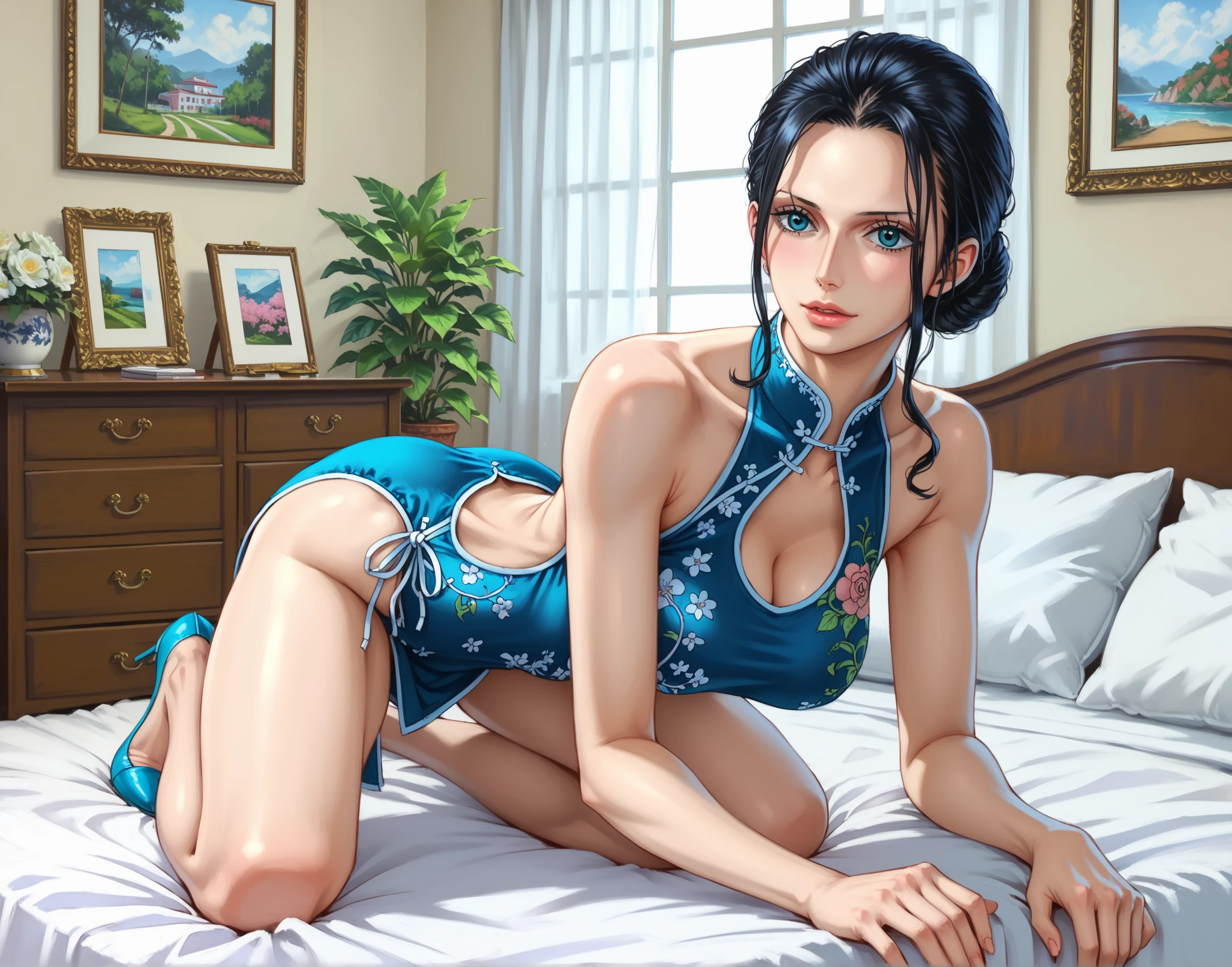 work of art, best qualityer, (((Solo mature woman look like Lucy Pinder))), (((chestnut hair))), hypdertailed, large breasted, (((Broad Hips))), (((green eyes water))), fleshy lips, seducing smile, neckleace, (Sitting in bed), Room,  sunset, blushful, (((wearing blue summer dress with pink floral pattern))), [Janet], [Alice], "beautiful mature face" , 30years , milf , grown-up