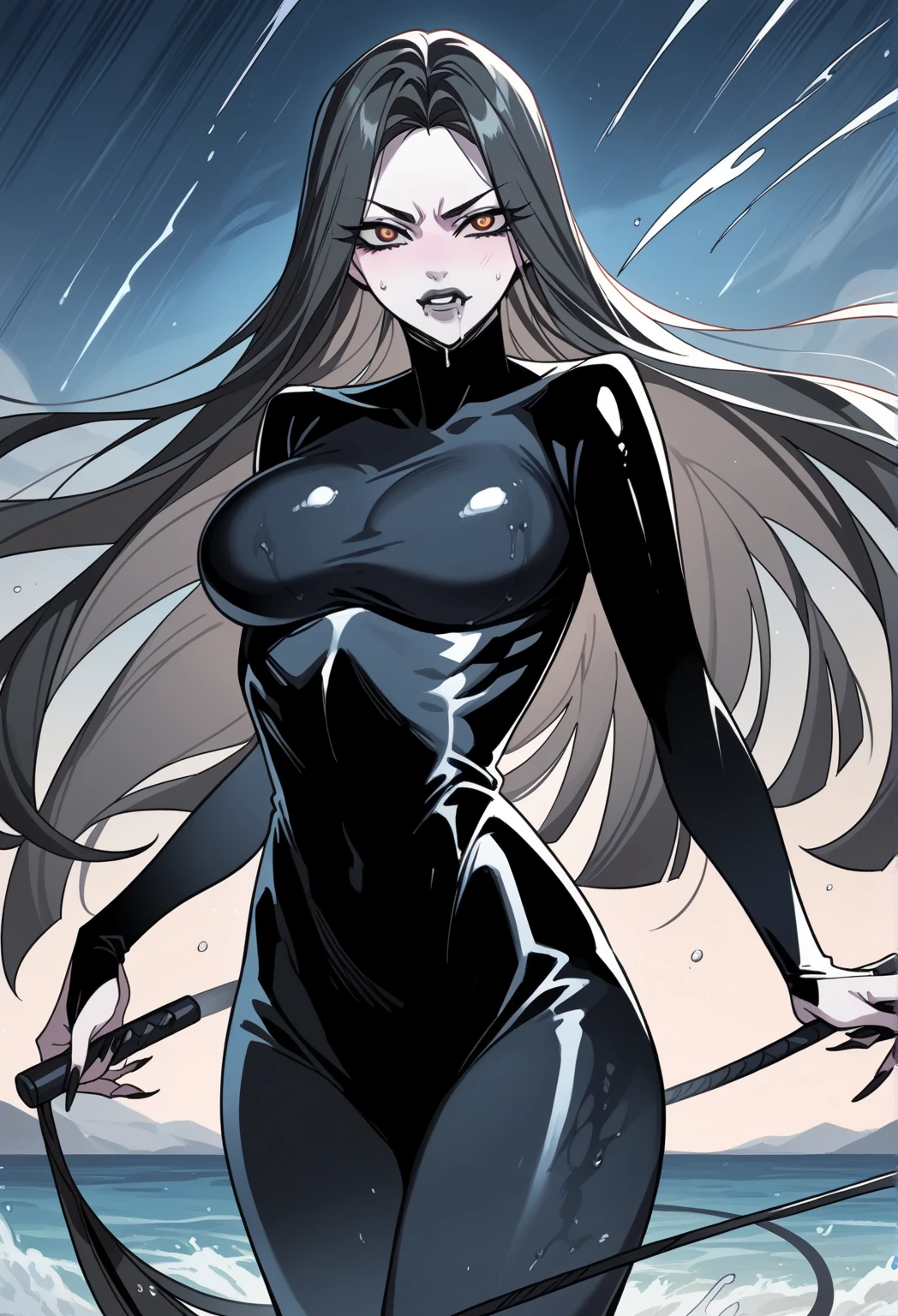 Masterpiece, high quality full length portrait of 1 woman (maduro)) YOUNG), holding a dagger knife, exhausting ((Tight black latex suit.)), rouge, thief, beautiful thin face, long hair, (silver gray hair), BIG BREASTS, pale and light skin, ((Red eyes)), smug happy expression, set in a dark forest environment background
