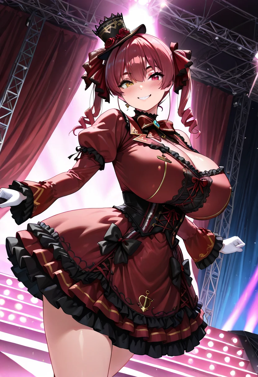 Highly detailed and realistic CG, Colorful, masterpiece, (perfect anatomy:1.3), Best Quality, 1girl, solo, Imperial red hair, shiny hair, short hair, sideburns, asymmetrical bangs, red eyes, shiny eyes, (crazy smile:1.2), (evil smile:1.2), sadistic smile, grin, skinny legs, contrapposto, standing, tube top, strapless, shorts, spiky boots, spiky wristband, idol concert, on stage, Live performance, open mouth, big breasts, cleavage, midriff, navel, black jacket, black military cap, stick tongue out, (long tongue:1.4), hand on headwear, hand on hip, holding hair, stylish pose, spotlight, thigh strap, flashy earrings, (fang:1.2), black elbow gloves, cinematic angle, looking at viewer, from above, open stance, latex, tight, slender, black military cloak,