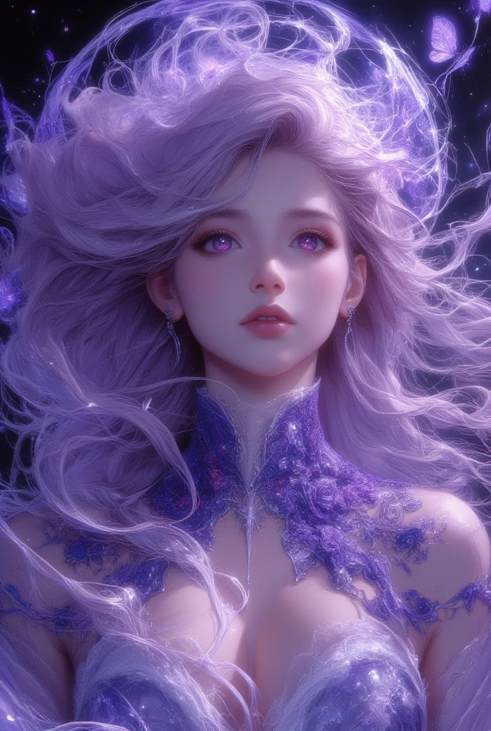 ((Best quality)), ((Ultra Resolution)), ((photorealistic)), (Intricate details), 19 years old, long purple hair, Perfect face, makeup: 1.5, Light on the face, Detail of the face , ((full body nude)), ((big breasts)) ((sculptural body)) ((translucent lingerie)), brunette