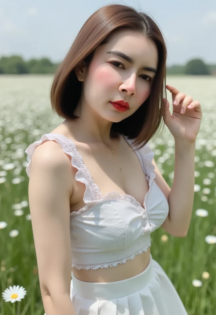 ((Best of the highest quality, 8k, Masterpiece, raw photo: 1.2)), (Sharp focus: 1.2), (1 AESPA, slim body type female, 21 y/o: 1.1), (solo: 1.28), (realistic, photo-realistic:1.37), face focus, cute face, finely eyes, (droopy eyes: 1.32), (Emphasize prominent aegyo-sal with bright: 1.2), shimmering eyeshadow applied under the lower lash line, paired with thick, (small breasts, flat chest, Thigh: 1.3), (short messy hair, updo: 1.28), (ribbon, bra, skirt: 1.32), walking in river, (rice field, paddy field: 1.1), flower, (from below: 1.16)