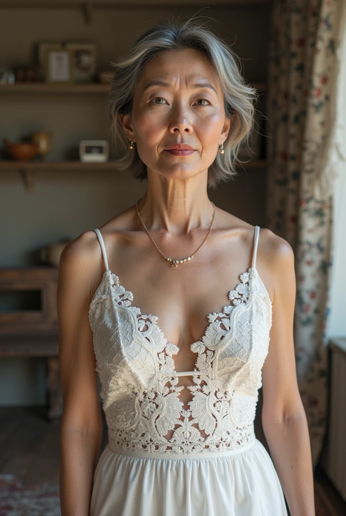 In front of the gold screen, Auntie, Attention, ((Fractal Art)), (((masterpiece))), 8K, Clear images, (((alone))), (((Older Japanese Mature))), Pure white background, Gray Hair, please lower your arms, Wear a flashy bra, gravure, look forward to, ((Mature woman with an old face)), 