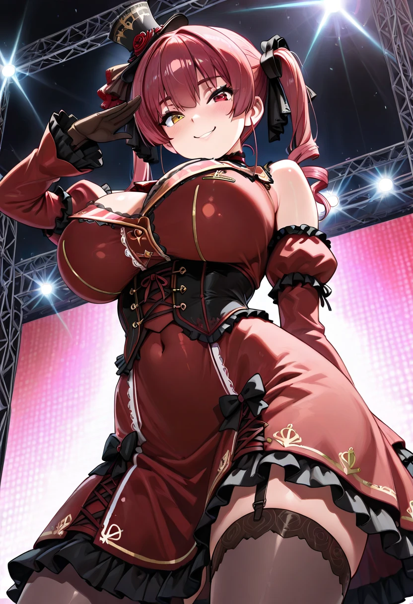 ASAMIKEI, red HAIR, PONYTAIL, LONG HAIR, SIDELOCKS, PURPLE EYES,, large breasts, live stage,  solo nipple 