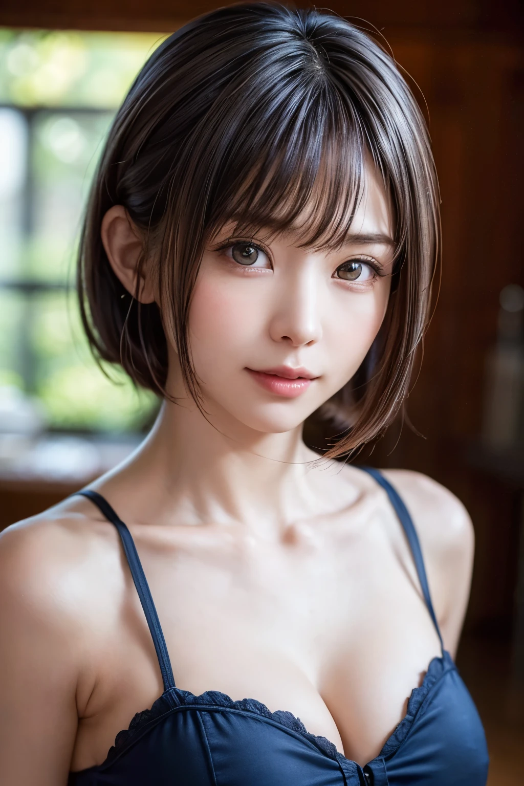 1 girl, alone, alone focus, Cowboy Shot, Portraiture, Beautiful small with delicate design:1.4, Detailed design of school uniform:1.4、Half watercolor, Half Green, ((Brown Hair、bangs)), (Short Bob Hair:2、Gradient Hair :1.5), Curly Hair, ((Pink Eyes)), Very detailedな目, Sunburn, (Dark Caramel Skin:1.1、{Huge|big|Hugeな|Mega} chest:2, chestの谷間:2、Attractive and beautiful woman、beautiful long neck、Put out your ears、Happy smiling face with mouth closed), highest quality, Very detailed, so beautiful、so beautiful芸術的な背景, delicately painted, Reminiscent of Western art:2