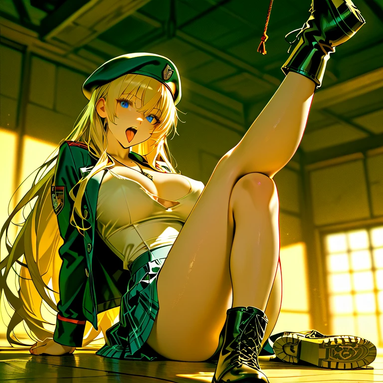 Beautiful skinny naked girl with small breasts, long beautiful blonde hair, parted bangs, green eyes, completely naked, small breasts, leather boots, gun, concrete ruins, bed