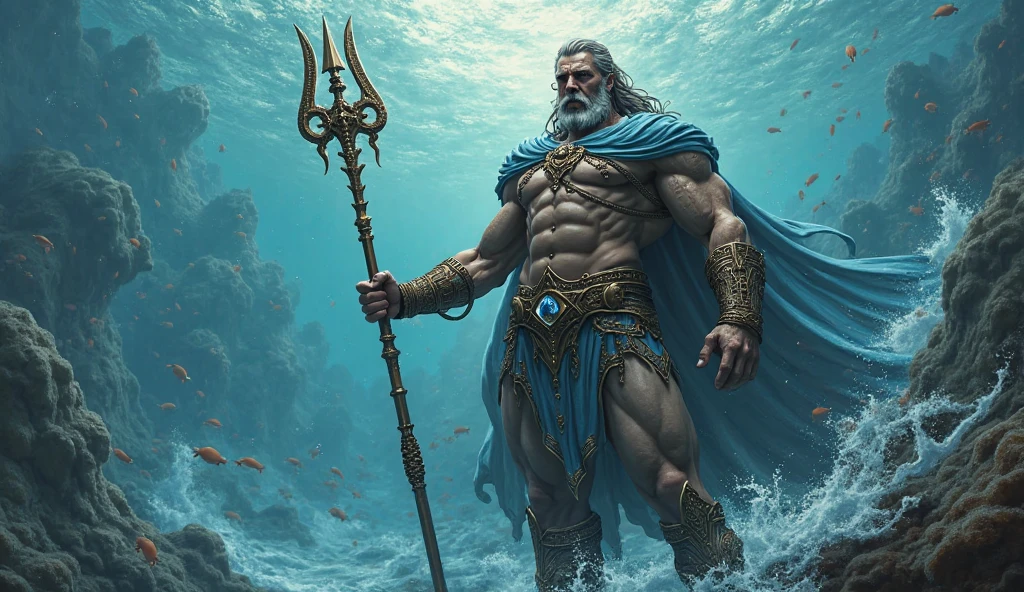 God Poseidon imposing ultra detail and realistic standing staring at me holding his trident and armor on his throne in the water clearly visible