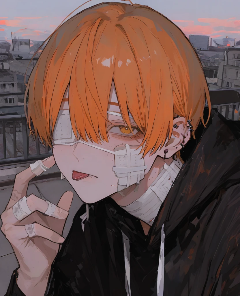 Anime girl, orange hair, blindfold, crying, rainy bg, cityscape