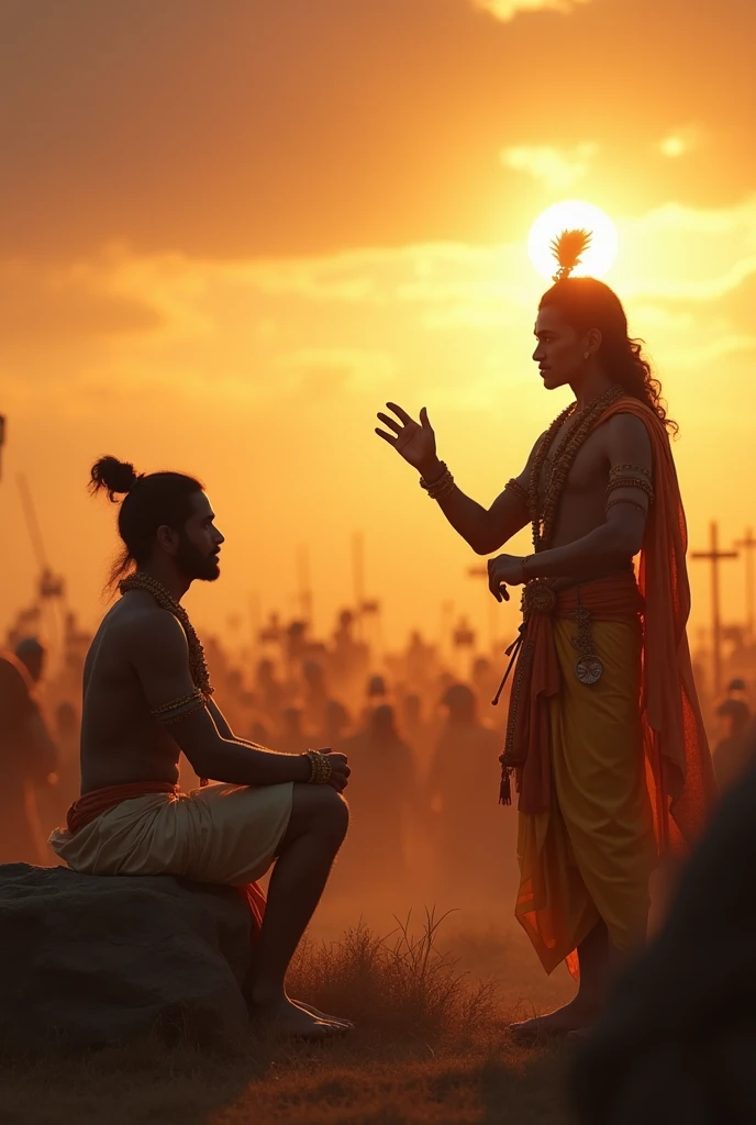 (photorealism:1.2) Rajasthani young man 2 praying with krishna God and Krishna is blessing the person in open sky and in desert 
Rajasthan state map in background 