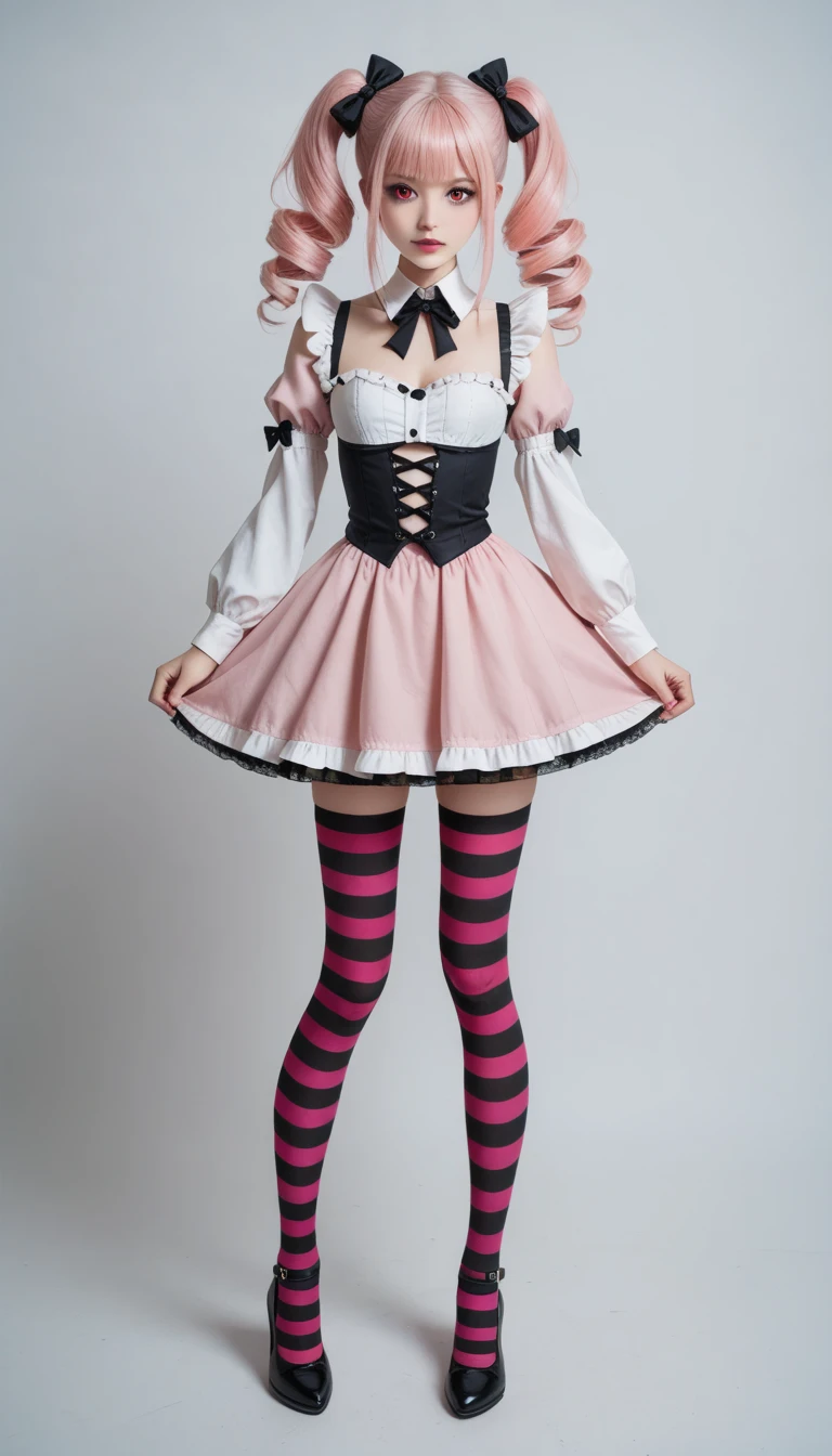 A gothic lolita dream with long, vibrant pink hair styled in twin drills, her crimson eyes wide with playful mischief and eerie charm. Her corseted dress clings to her , puffed sleeves framing her narrow shoulders, while striped stockings draw attention to her slim, doll-like legs. Despite her ish styling, her curves are exaggerated, her outfit strategically revealing hints of and thighs. She floats like a ghostly temptress, equal parts adorable and unnervingly sensual — a twisted fantasy stitched in ribbons and shadows.