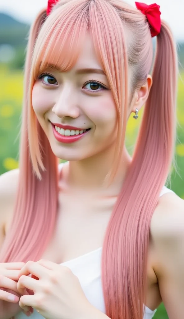 lens 135mm f1.8,(masterpiece, best quality:1.2), (raw photo), dramatic lighting, (beautiful 18yo Japanese Sweden girl), (shame smile:0.8), (flat bangs:0.8), (long twin-tail pink color hair), flutter in the wind, (pink oversized T-shirts), (dark green fit pants), (at the strawberry orchard),