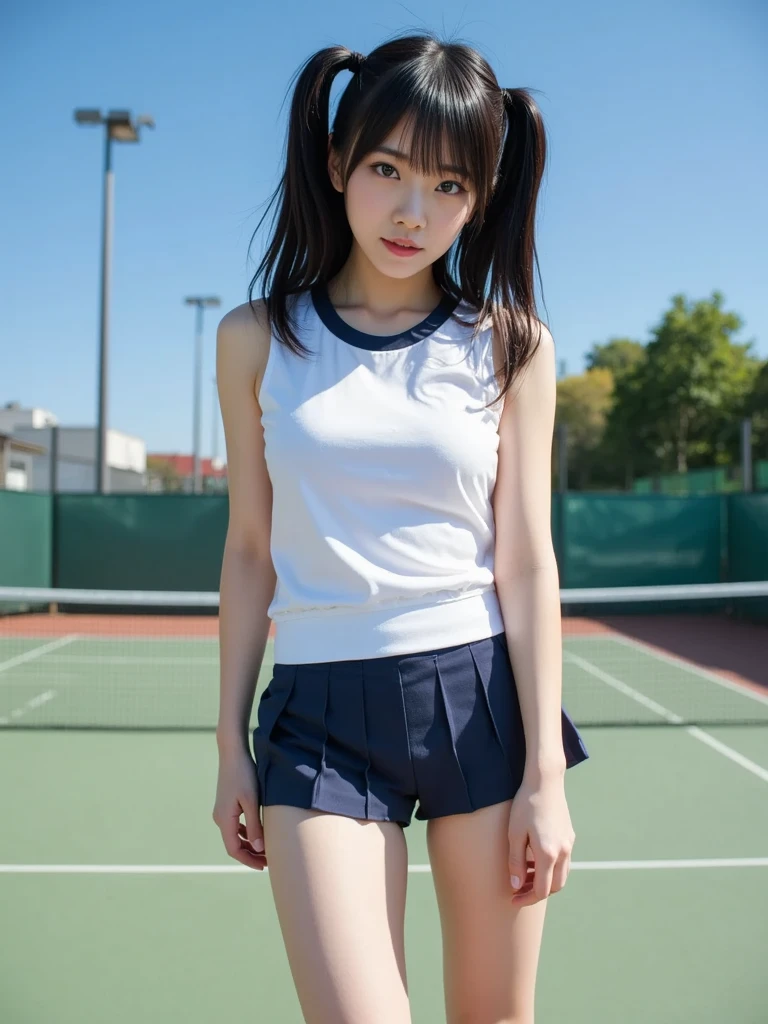Japanese female junior high school student, 14 years old, tennis club member, cute tennis wear, looking up from below at thighs, bending down from behind to pick up ball。
