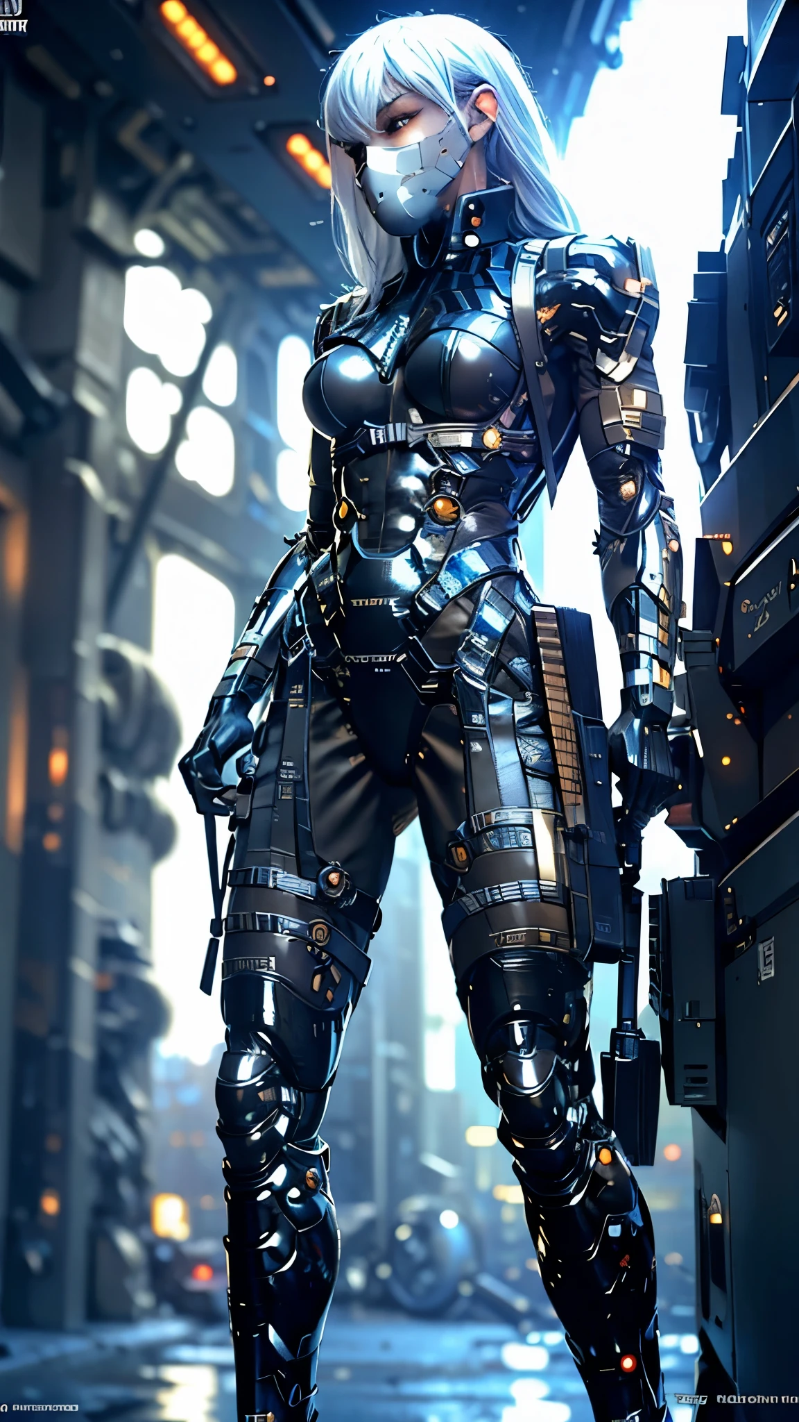 1girl, a beautiful girl cyborg cyberpunk with a cyberpunk city tall buildings, white hair, cybermask, white and orange and black machine suit color combination, the body full of machine, realistic futuristic hologram, asian skin tone, beautiful eye, beautiful asian face, cyber ear machine, suits is solid mecha, realistic machine, sci fi scape, manipulation is a masterpiece, long hair, masterpiece, suit of cyberpunk, realistic sci fi building texture mecha aestethic, digital cyberpunk, looming over a city, cyber technology, realistic hair, lots of hair, white of hair, realistic metal solid texture of building, realistic neon glow, realistic neon sign, wonderful side lighting, realistic futuristic cyberpunk building, realistic girl robot cyberpunk, fog, foogy, masterpiece of detail, RAW IMAGE, depth of field, point of interes, depth of field is masterpiece, best photography composition masterpiece, natural realistic hair, rule of third masterpiece photography, natural lighting, photography masterpiece natural lighting from side, realistic skin texture, strong reflection, ( pose pinterest) masterpiece beautiful, Devil Horns, smooth pixel, ray of light, soft light, small breasts, mastepiece of cyber mask, masterpiece fantasy gun, carry a fantasy weapon, weapon fantasy (artstation)