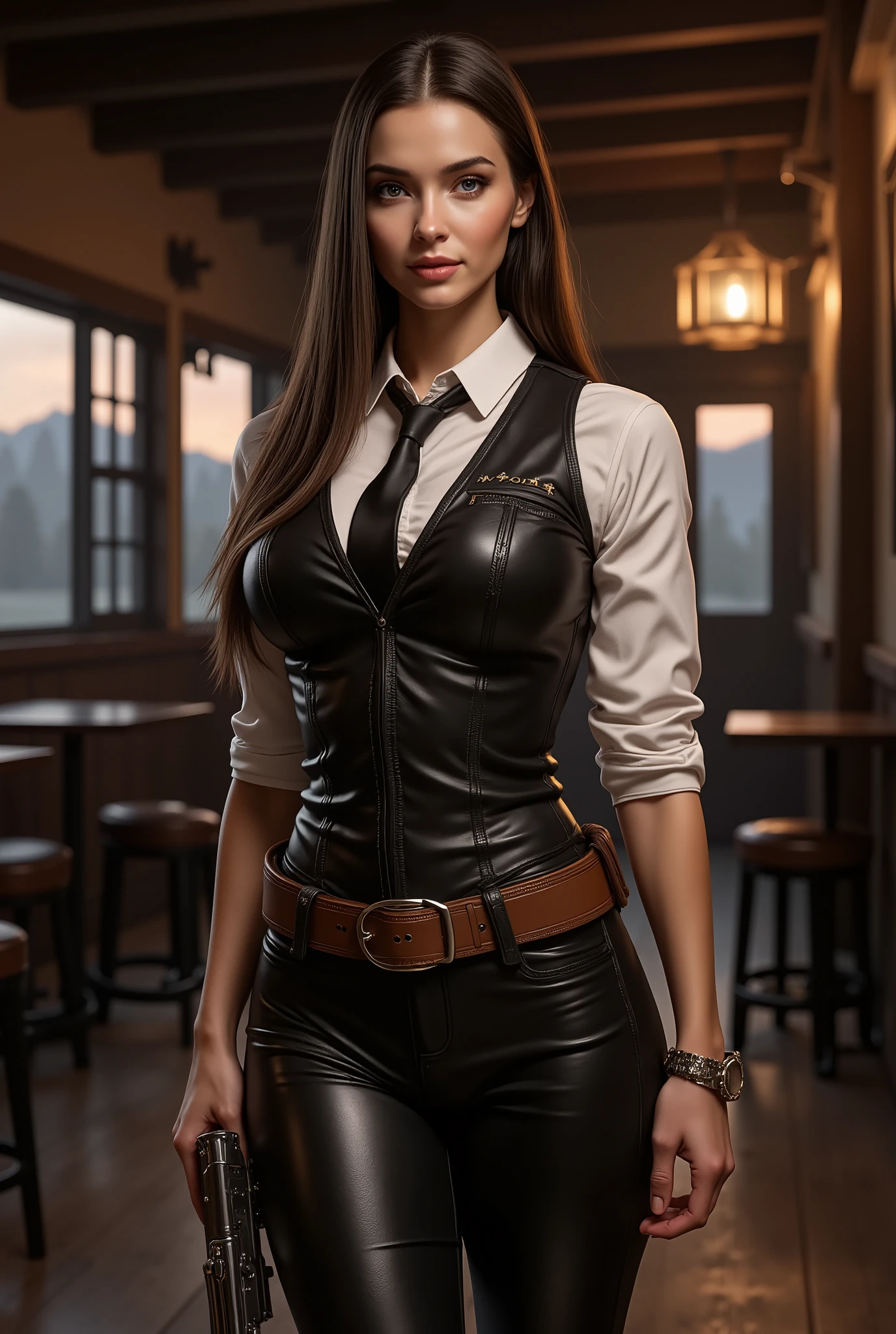 Full body beautiful sexy sensual bombshell sheriff woman black long straight hair, black eyes, big breasts, wide, athletic shoulders, slim waist, long shapely legs, detailed hands, perfect eyes black leather vest, white silk shirt, black leather tie black leather tight pants, black high-heeled leather boots, standing empty wild west pub night twilight dark corners cinematic detailed