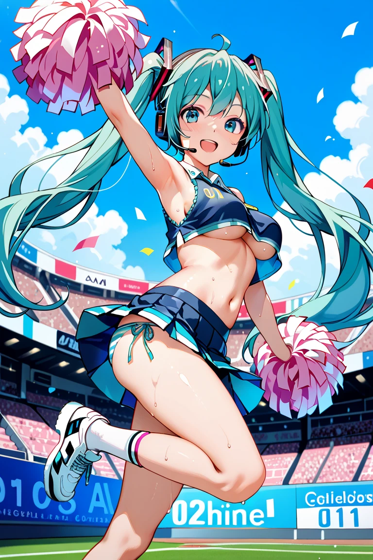 Hatsune Miku bust size change Make your breasts very big Cheerleader uniform Sports Bra mini skirt Underskirt Panty lines Low - Angle Ass Knee-high socks smile Jump