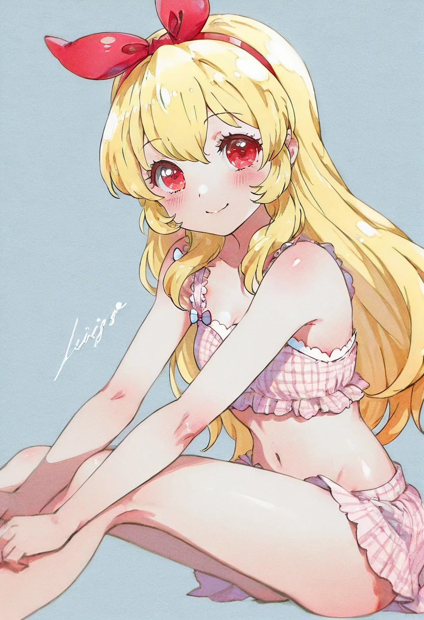 1girl, child, solo, cowboy shot, looking at viewer, smile, pink , hinata yume, blonde hair, child, curly hair, laying in bed, bra, panties, half naked