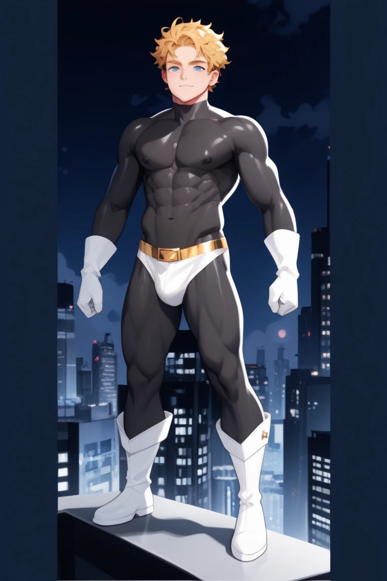 ((((((1boy)))))), fluffy blonde hair, ((big sharp wolf ears)), wolf tail, slim figure, ((pale skin)), sky blue eyes, joyful, big thighs, big butt, fangs, slim waist, lean figure, skin pale, youthful appearance, (((bulge)))