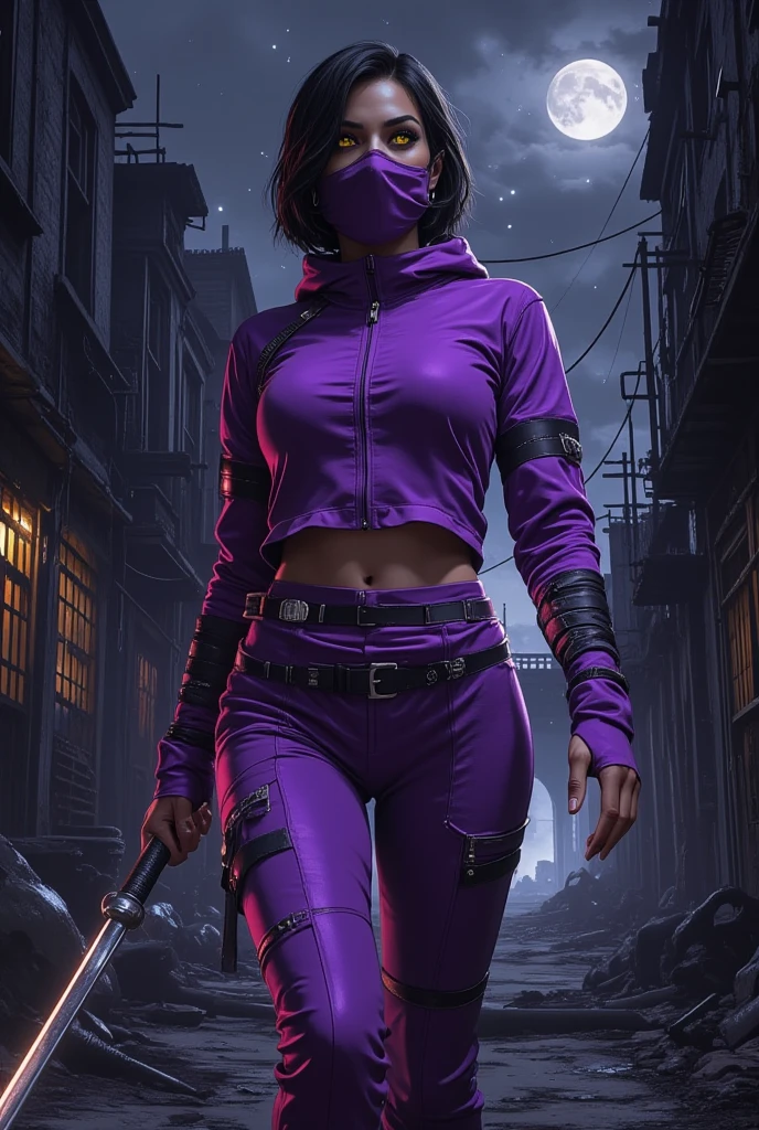 the night,A woman who is,Short lemon-yellow hair,Wear a mask,Deep purple hood,Black bandeau,There is a wound on the shoulder,The lower body is covered by a hood,Wearing dark purple boots,In a cyberpunk-style night alley