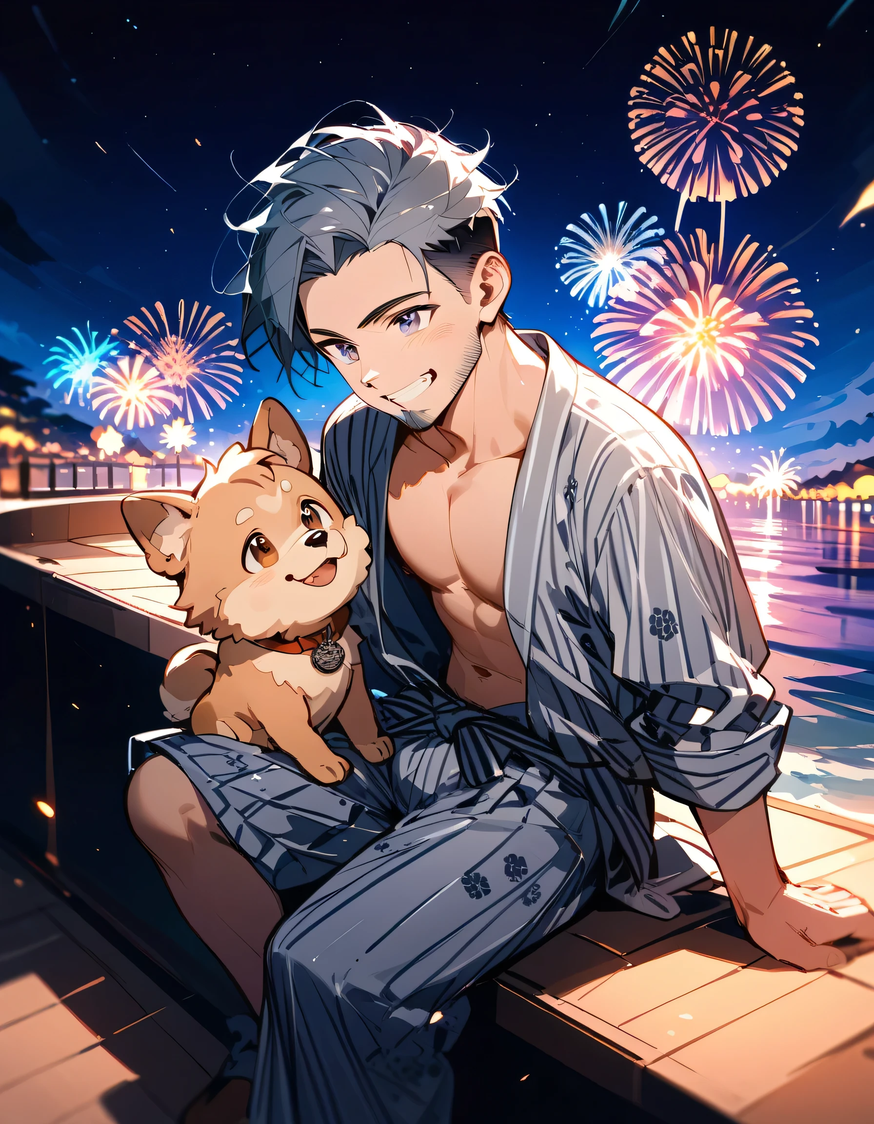 from above,fullbody,(sitting enjoy handheld fireworks),(with small dog(Pomeranian)),man,40years old,(The face of an old man with dignity),man's eyes,man's nose,man's mouth,grin,(short spiked hair),forehead,sidecut,undercut,beard,gray japanese men's yukata,night starry sky,(manga style),(sketch),(illustration),best quality,